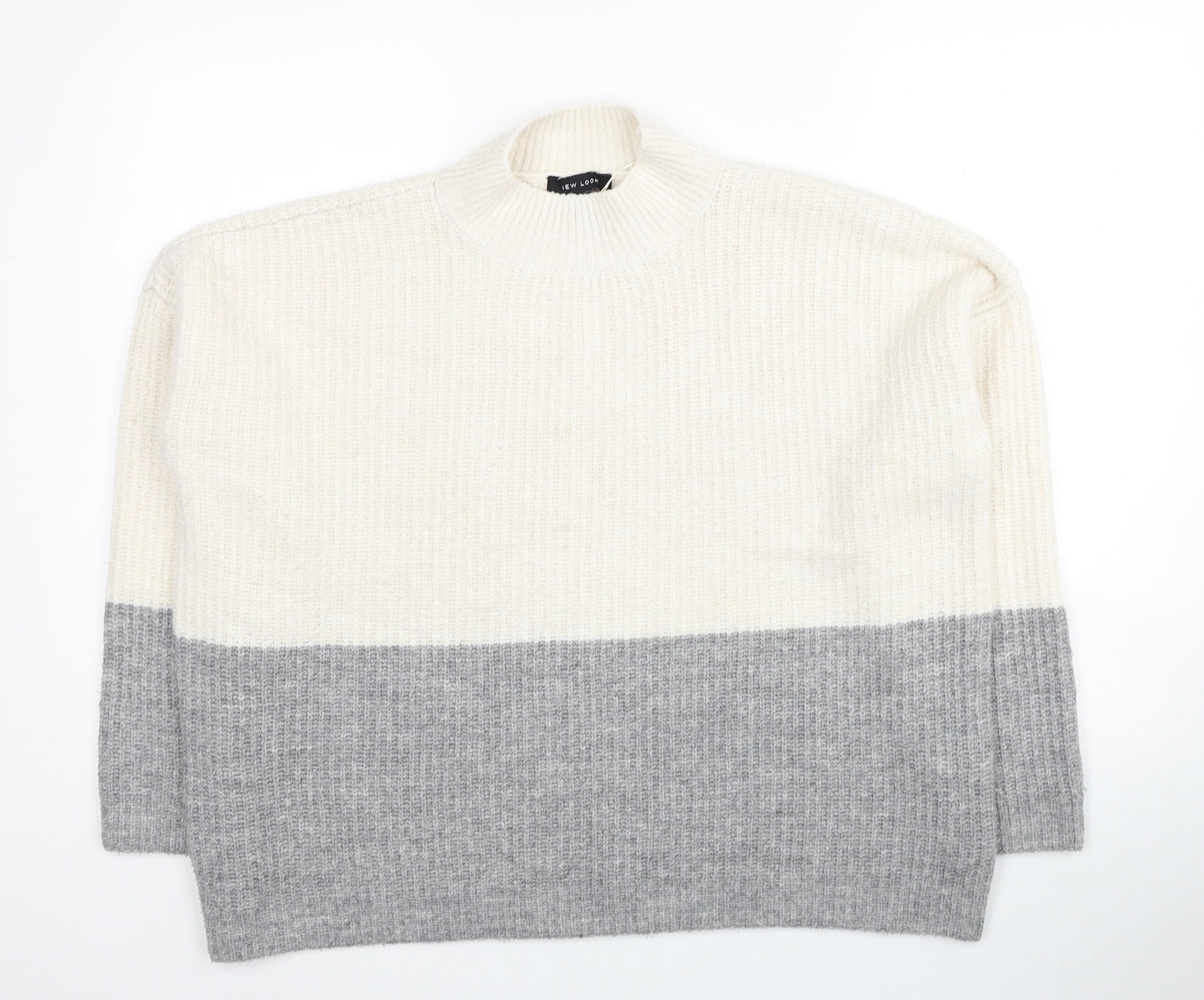 New Look Womens White Mock Neck Acrylic Pullover Jumper Size L - Colorblock Pattern