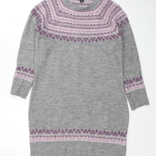 M&Co Womens Grey Fair Isle Acrylic Jumper Dress Size 12 Round Neck Pullover