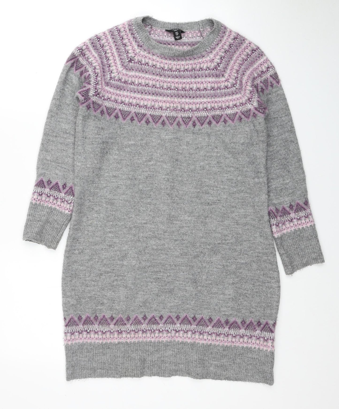 M&Co Womens Grey Fair Isle Acrylic Jumper Dress Size 12 Round Neck Pullover