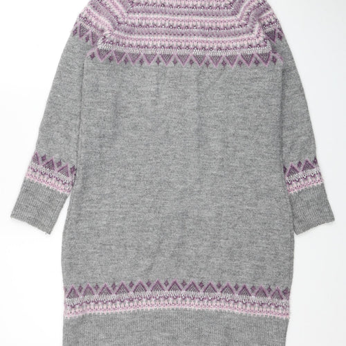 M&Co Womens Grey Fair Isle Acrylic Jumper Dress Size 12 Round Neck Pullover