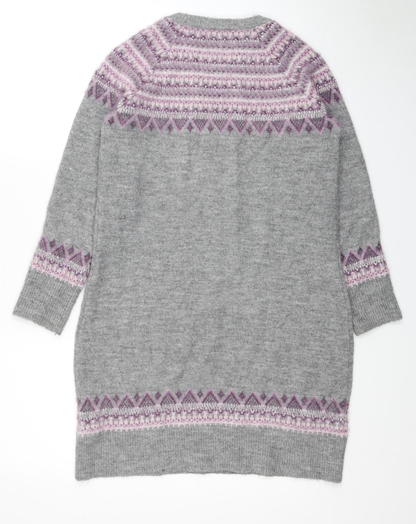 M&Co Womens Grey Fair Isle Acrylic Jumper Dress Size 12 Round Neck Pullover
