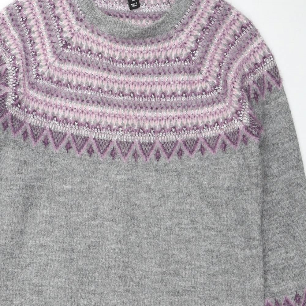 M&Co Womens Grey Fair Isle Acrylic Jumper Dress Size 12 Round Neck Pullover