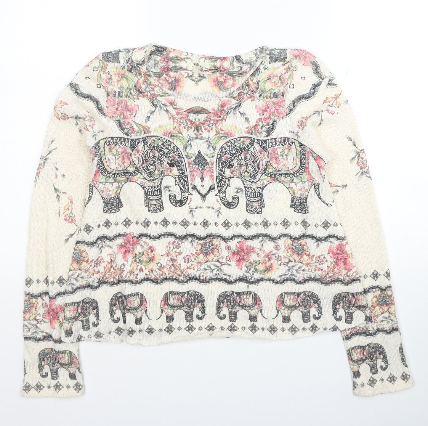 Gaza USA Womens Beige Round Neck Floral Polyester Pullover Jumper Size M - Elephants
