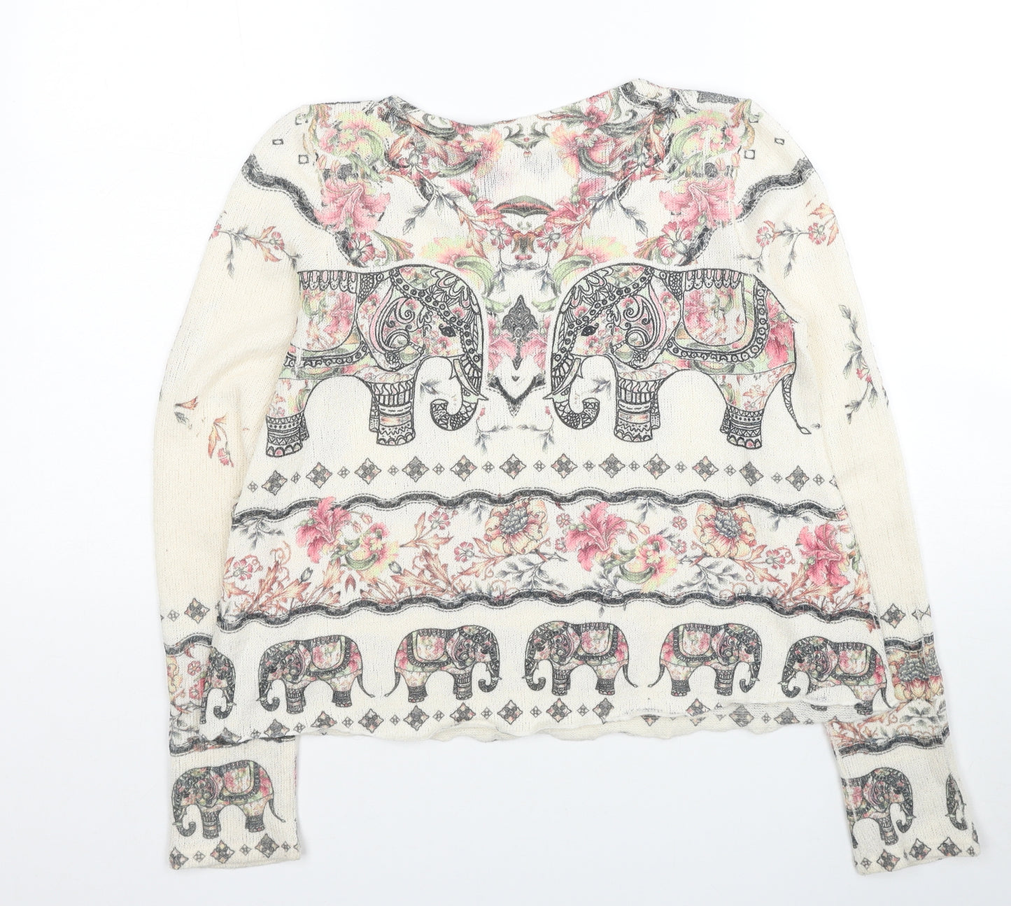 Gaza USA Womens Beige Round Neck Floral Polyester Pullover Jumper Size M - Elephants