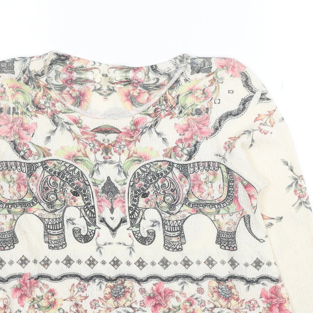 Gaza USA Womens Beige Round Neck Floral Polyester Pullover Jumper Size M - Elephants