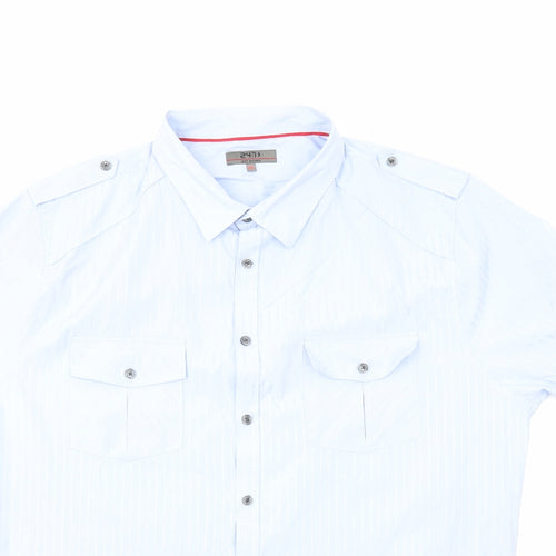 Jeff Banks Mens Blue Striped Polyester Button-Up Size 2XL Collared Button