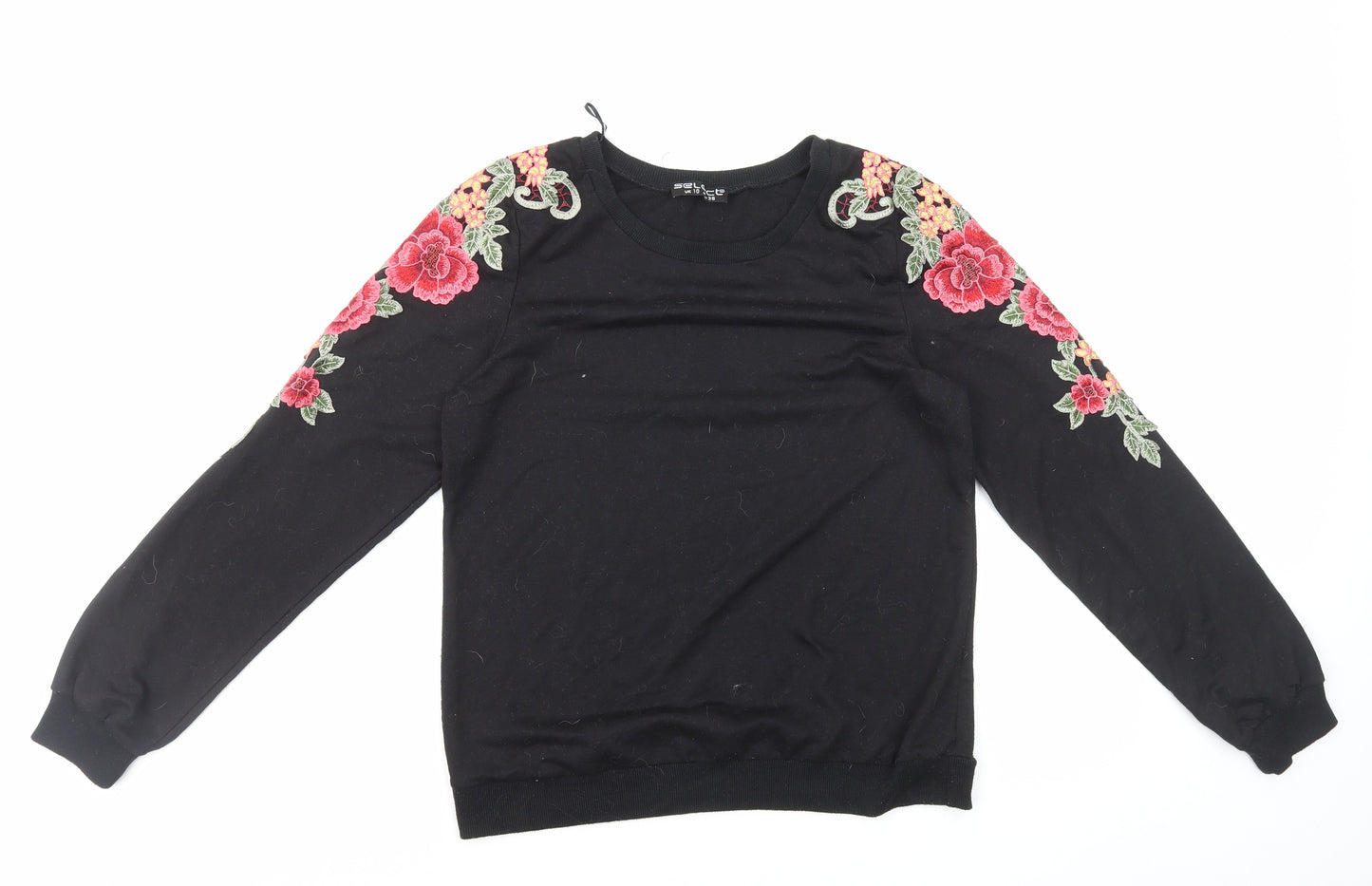 Select Womens Black Floral Polyester Pullover Sweatshirt Size 10 Pullover