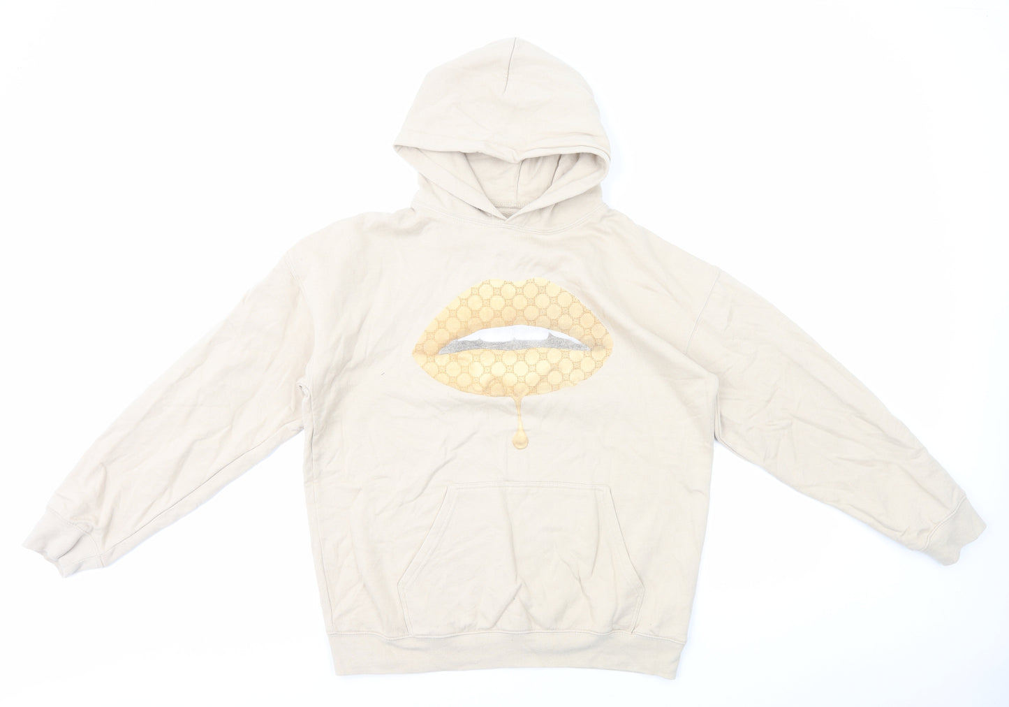 Preworn Womens Beige Cotton Pullover Hoodie Size M Pullover - Lips Print