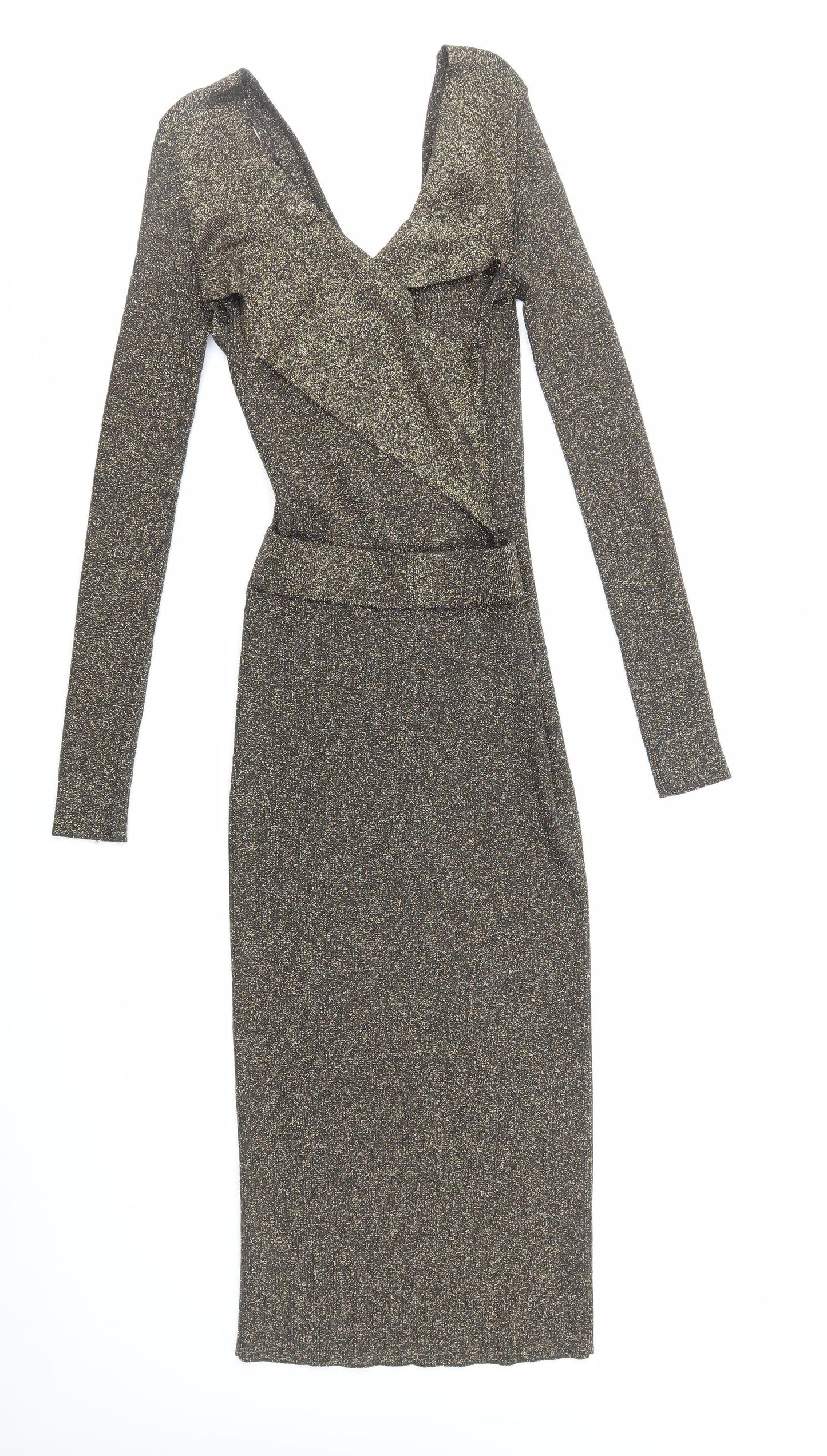 River Island Womens Gold Viscose Bodycon Size 10 V-Neck Pullover