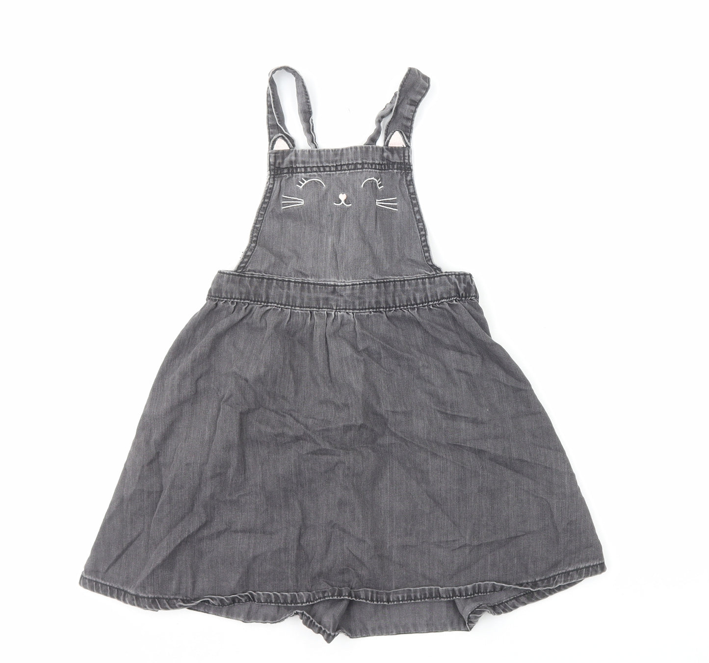 H&M Girls Black Cotton Pinafore/Dungaree Dress Size 6-7 Years Square Neck Pullover