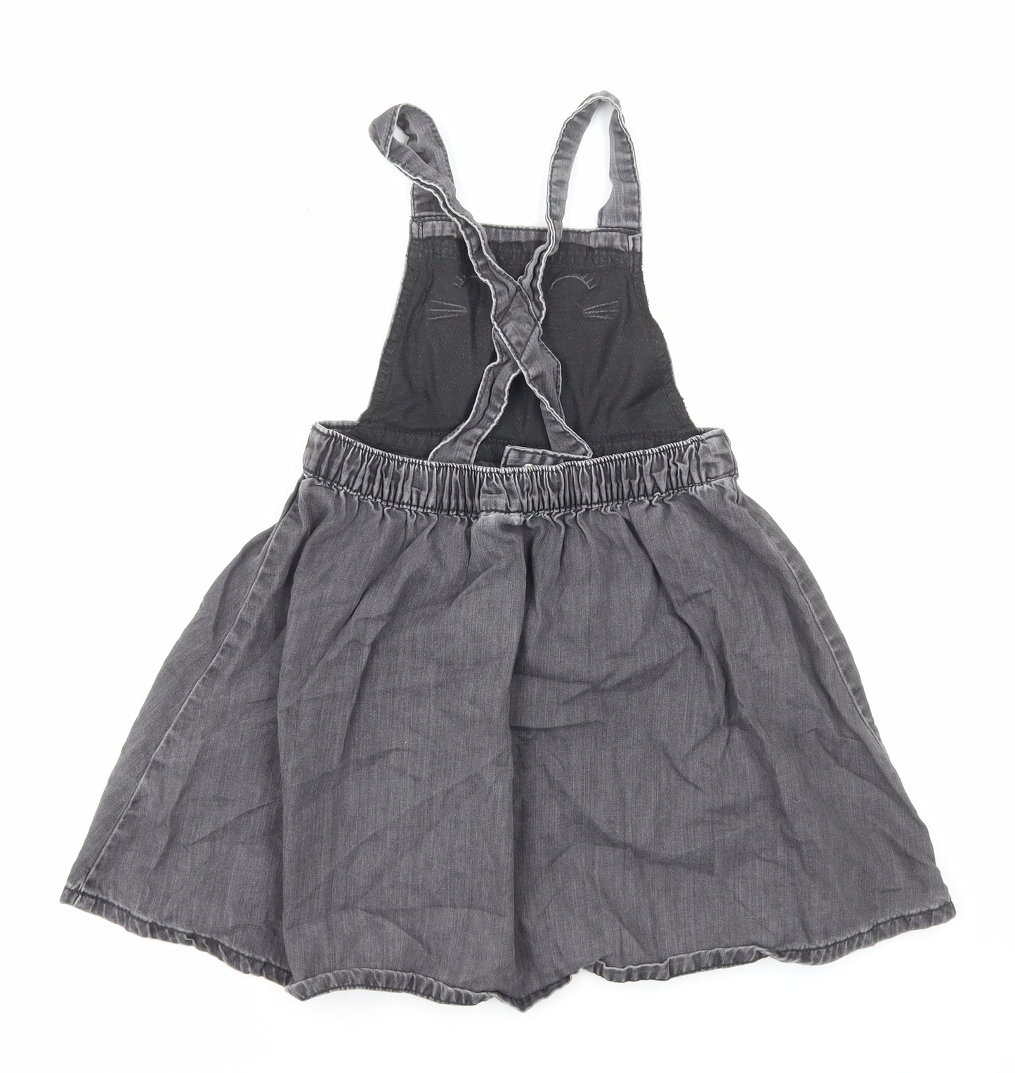 H&M Girls Black Cotton Pinafore/Dungaree Dress Size 6-7 Years Square Neck Pullover