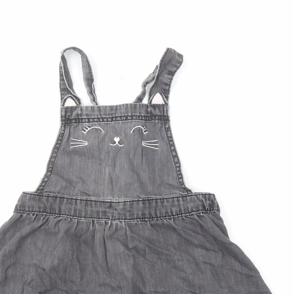 H&M Girls Black Cotton Pinafore/Dungaree Dress Size 6-7 Years Square Neck Pullover
