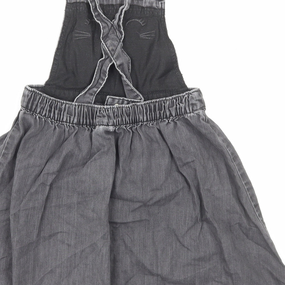 H&M Girls Black Cotton Pinafore/Dungaree Dress Size 6-7 Years Square Neck Pullover