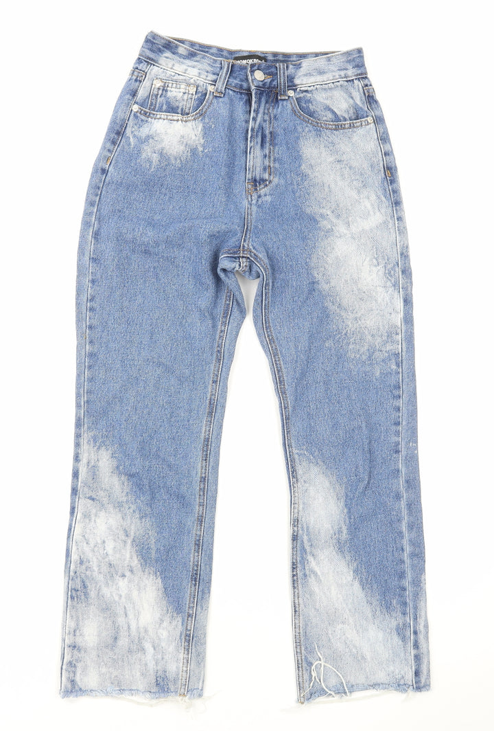Momokrom Womens Blue Cotton Straight Jeans Size 6 L26 in Regular Zip - Acid Wash