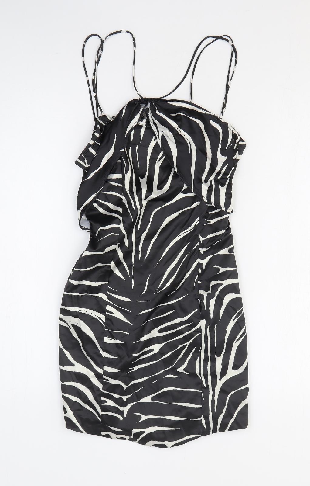 Zara Womens Black Animal Print Polyester Mini Size XS Off the Shoulder Zip - Zebra Pattern