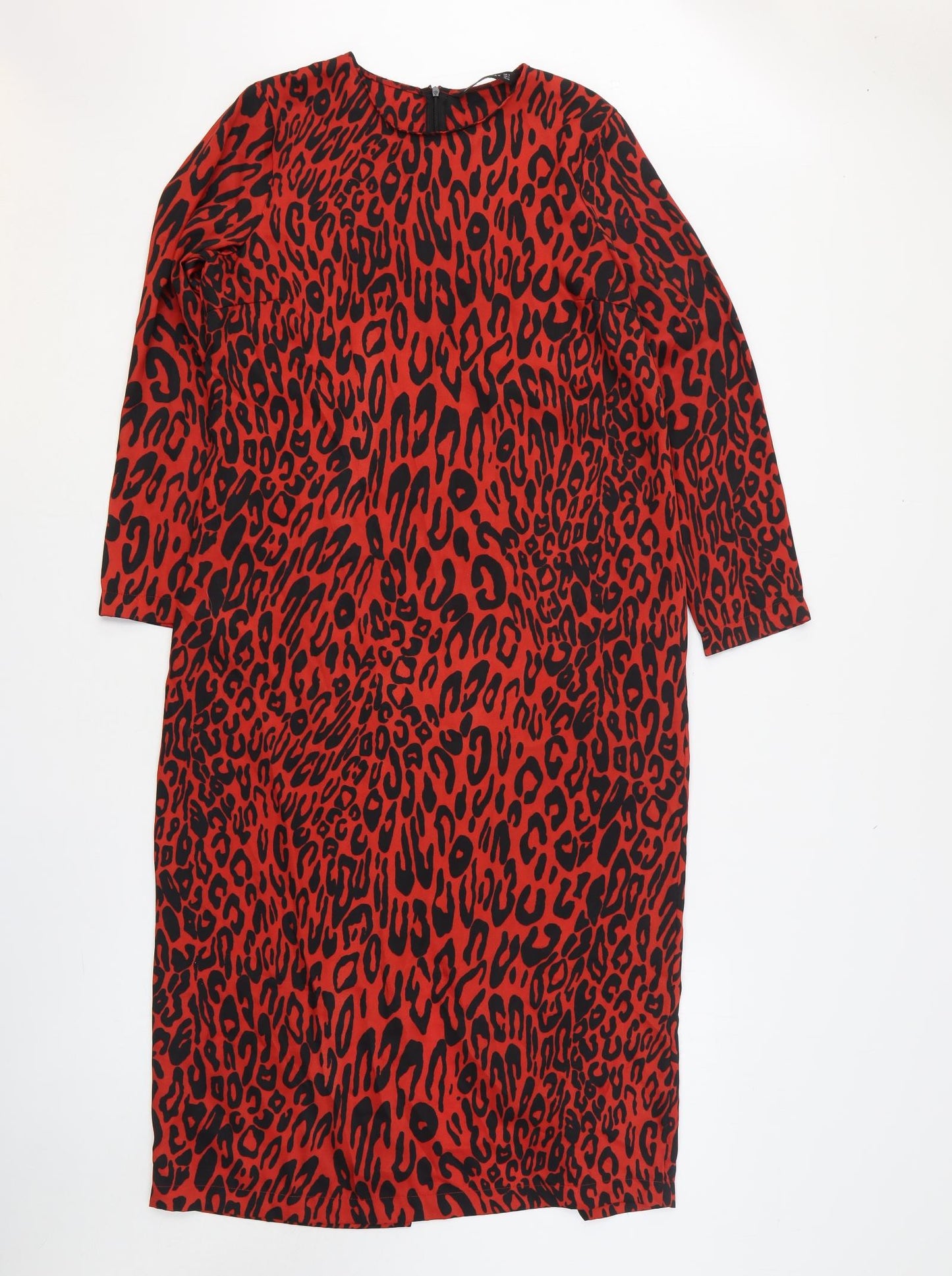 Zara Womens Red Animal Print Polyester A-Line Size M Round Neck Zip - Leopard Print
