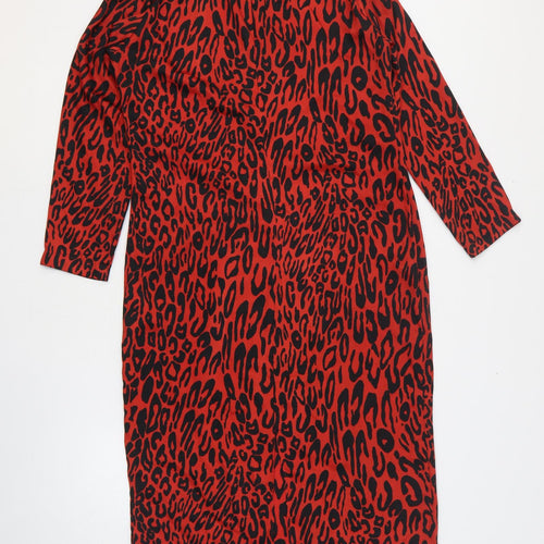 Zara Womens Red Animal Print Polyester A-Line Size M Round Neck Zip - Leopard Print