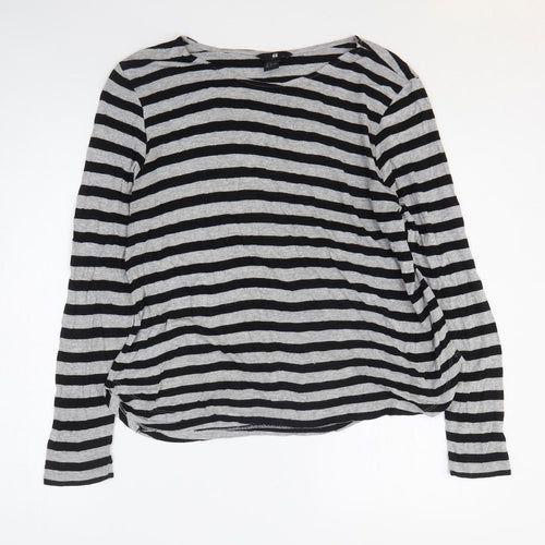H&M Womens Grey Striped Viscose Basic T-Shirt Size L Round Neck