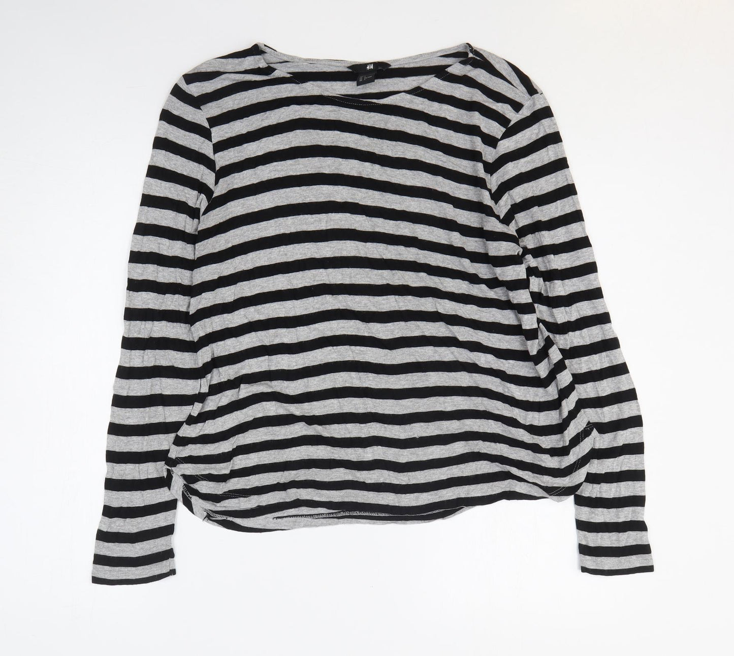 H&M Womens Grey Striped Viscose Basic T-Shirt Size L Round Neck