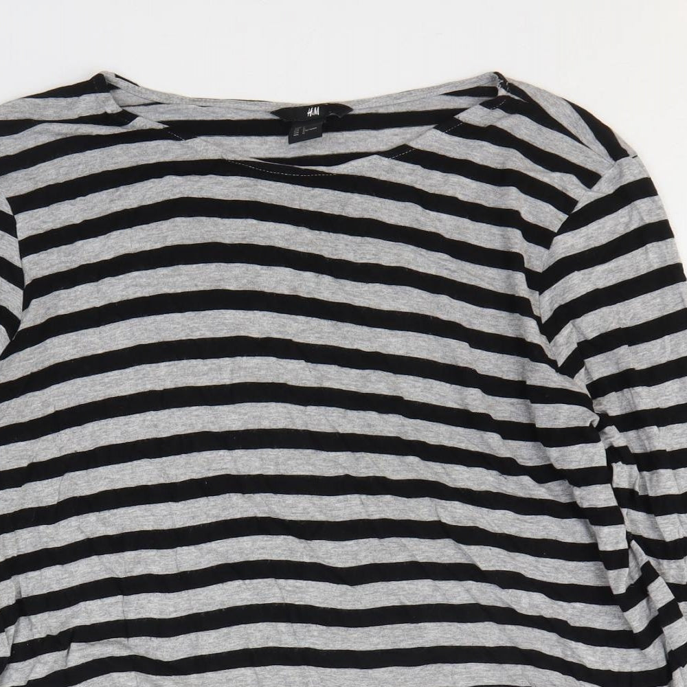 H&M Womens Grey Striped Viscose Basic T-Shirt Size L Round Neck