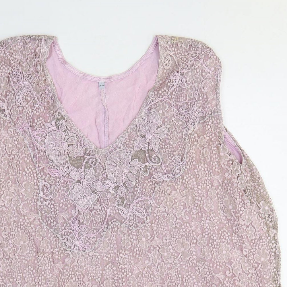 Preworn Womens Pink Floral Viscose Basic Tank Size 4XL V-Neck