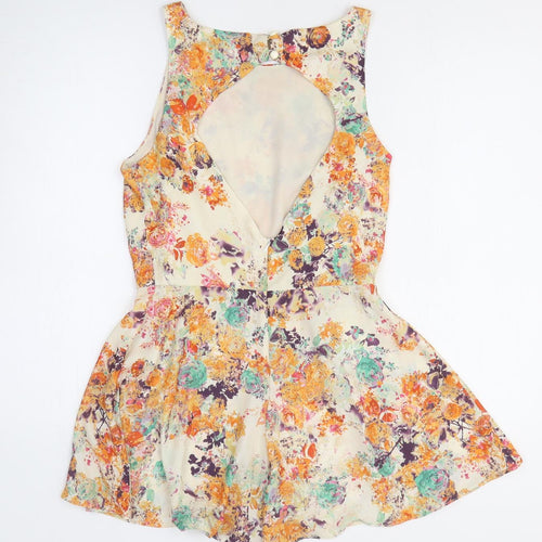 Love Womens Orange Floral Polyester Romper One-Piece Size M Pullover - Open Back