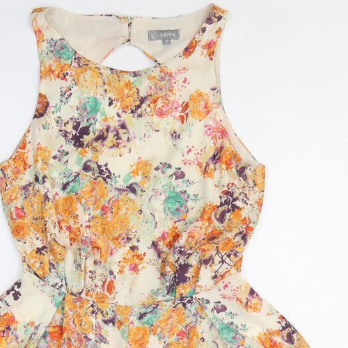 Love Womens Orange Floral Polyester Romper One-Piece Size M Pullover - Open Back