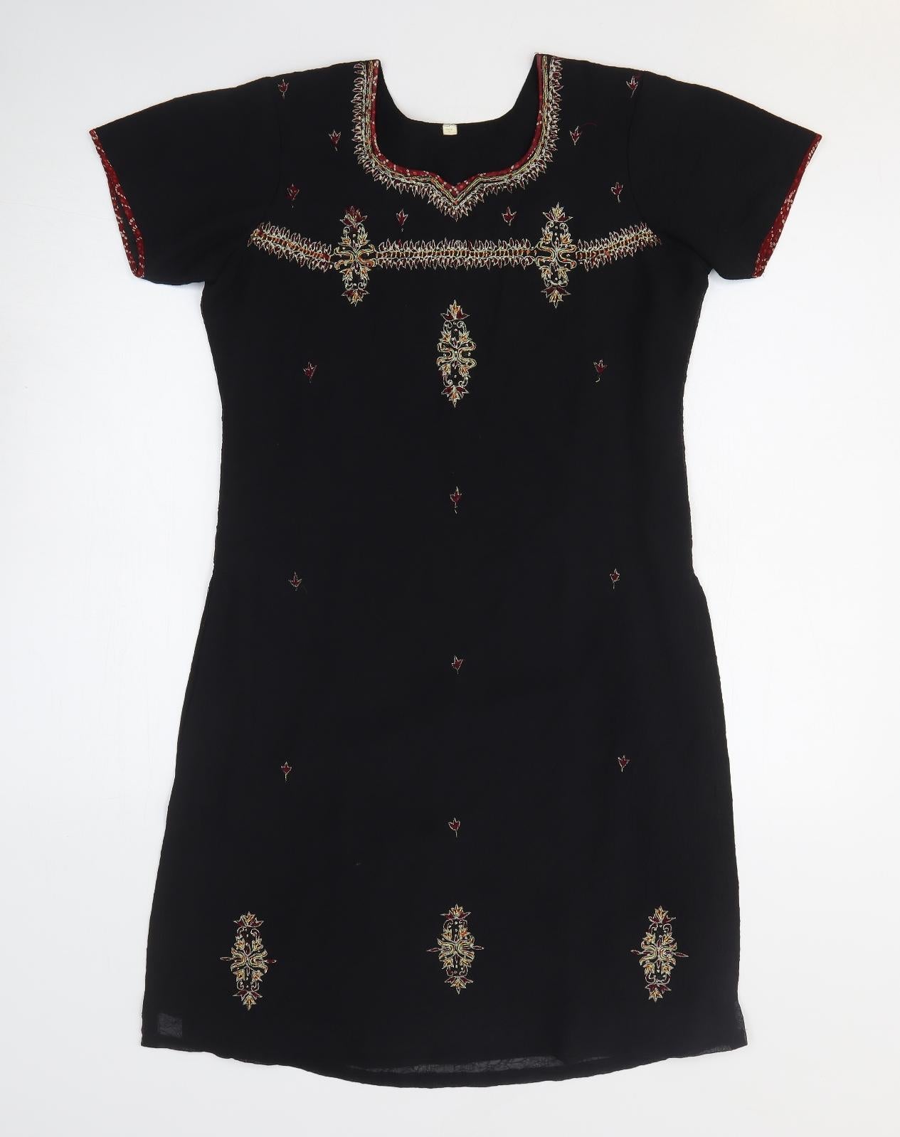 Preworn Womens Black Geometric Polyester T-Shirt Dress Size M Square Neck Pullover