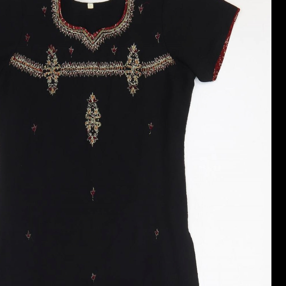 Preworn Womens Black Geometric Polyester T-Shirt Dress Size M Square Neck Pullover