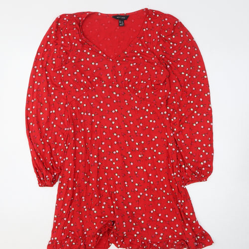 New Look Womens Red Floral Viscose Fit & Flare Size 8 V-Neck Pullover