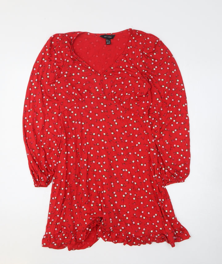 New Look Womens Red Floral Viscose Fit & Flare Size 8 V-Neck Pullover