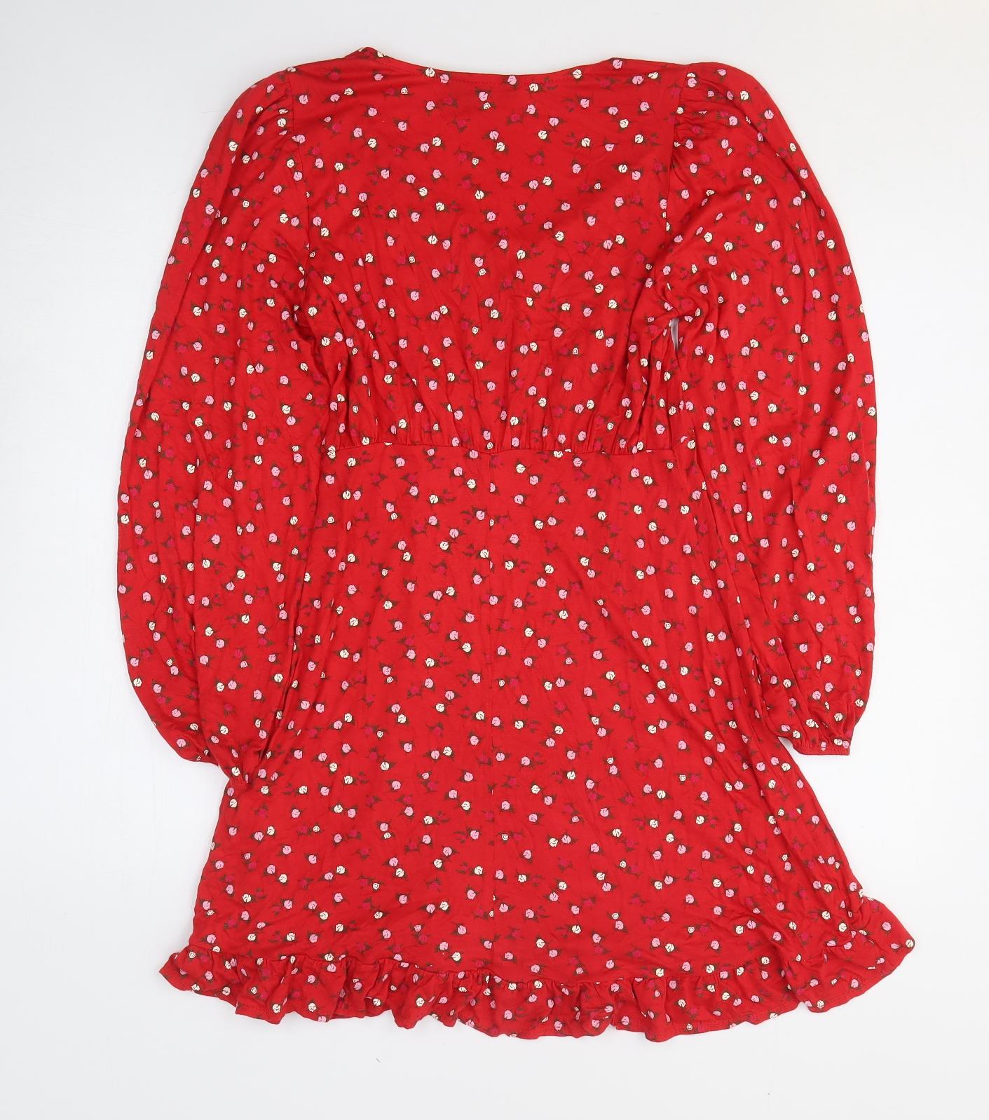 New Look Womens Red Floral Viscose Fit & Flare Size 8 V-Neck Pullover
