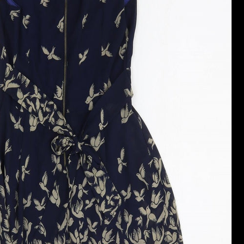 Lenki Womens Blue Geometric Cotton Fit & Flare Size M V-Neck Zip - Bird Print
