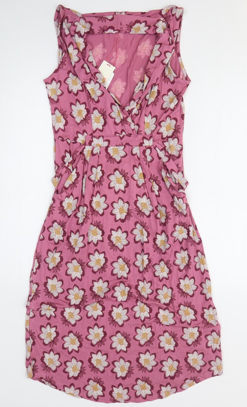 White Stuff Womens Pink Floral Viscose Fit & Flare Size 10 V-Neck Pullover