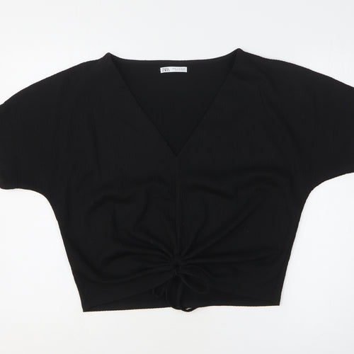 Zara Womens Black Polyester Basic Blouse Size M V-Neck