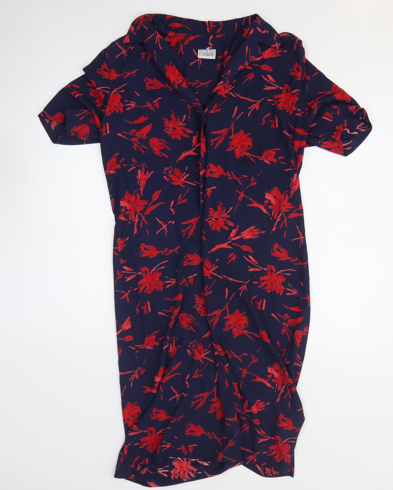 Matelli Womens Blue Geometric Polyester Shirt Dress Size 12 Collared Button