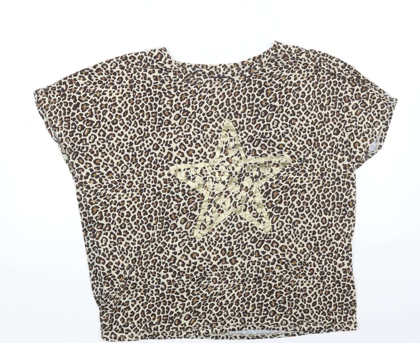 F&F Womens Brown Animal Print Viscose Basic T-Shirt Size L Round Neck - Leopard print