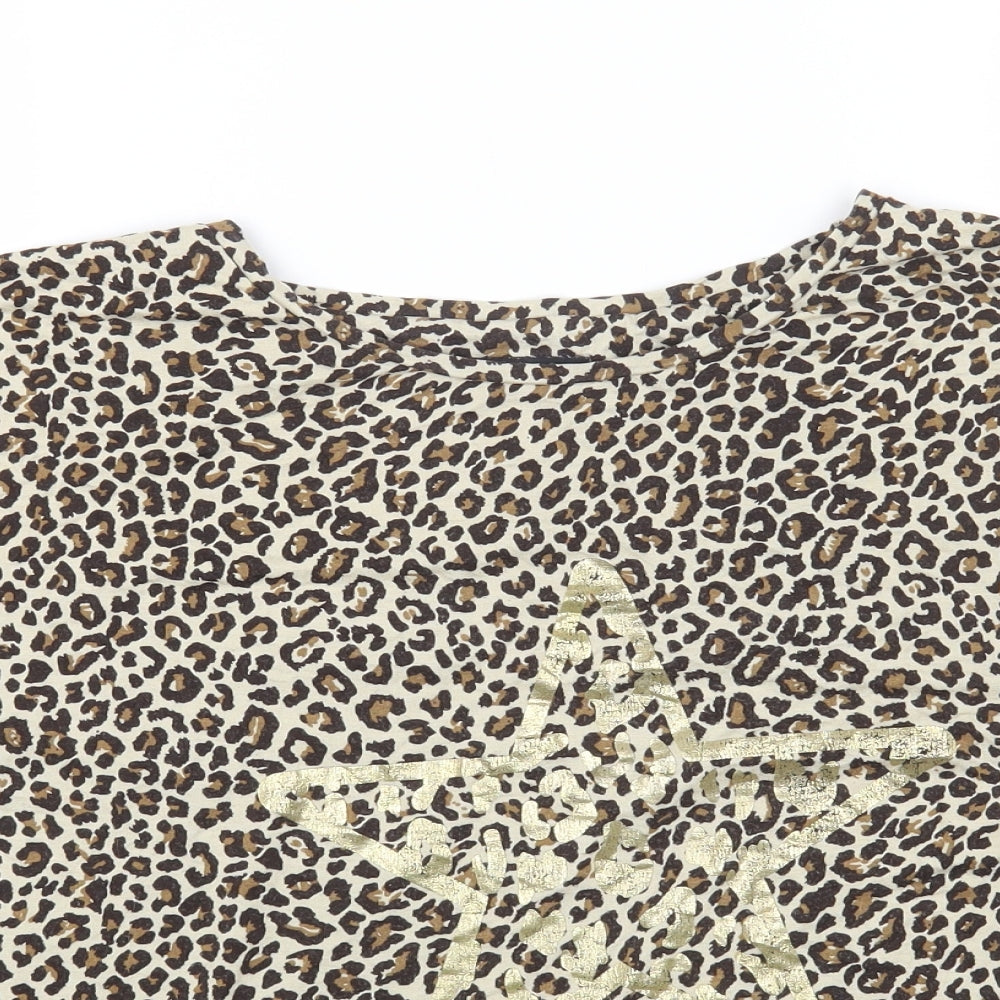 F&F Womens Brown Animal Print Viscose Basic T-Shirt Size L Round Neck - Leopard print