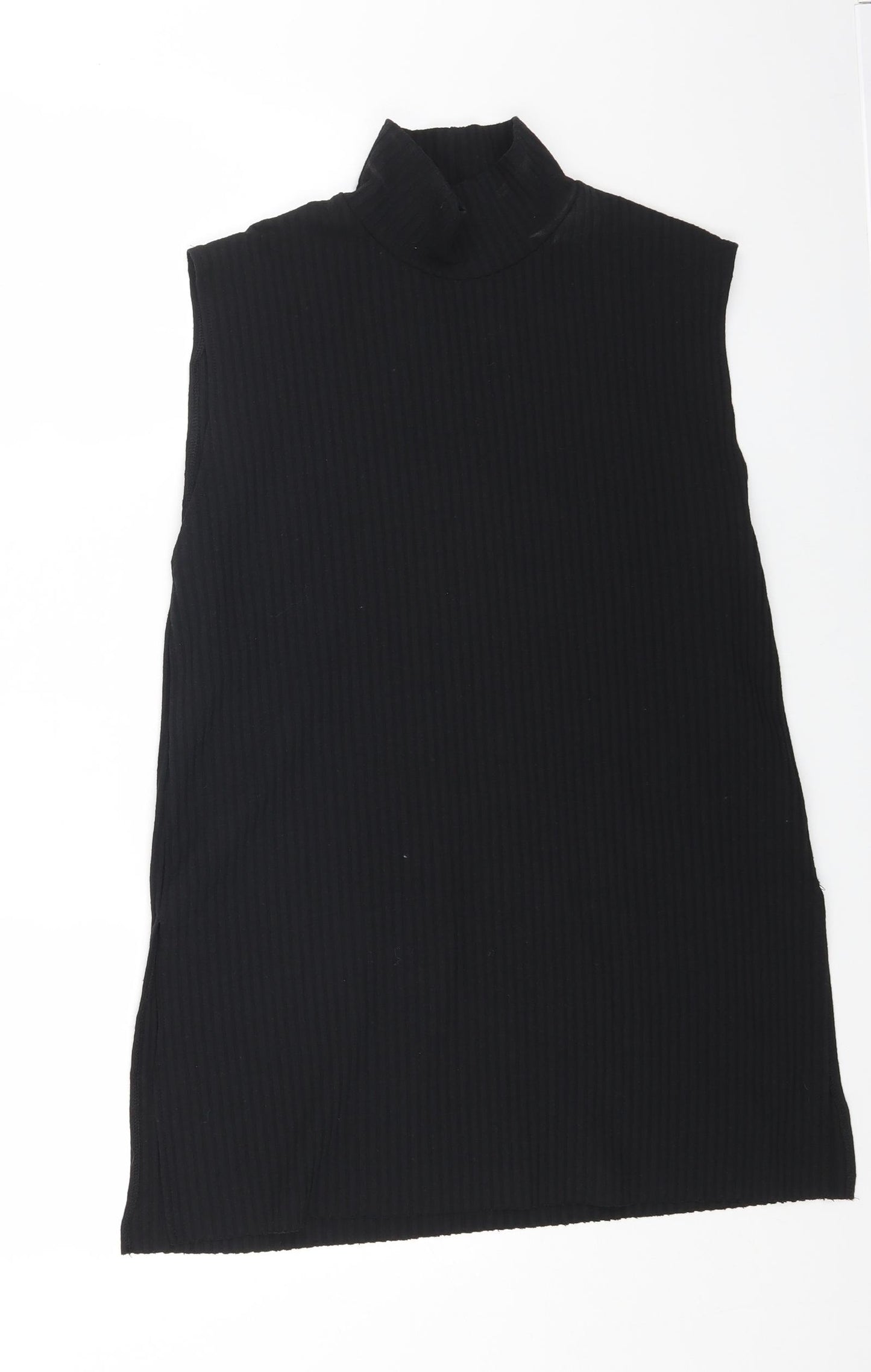 Zara Womens Black Cotton Basic T-Shirt Size L High Neck - Ribbed