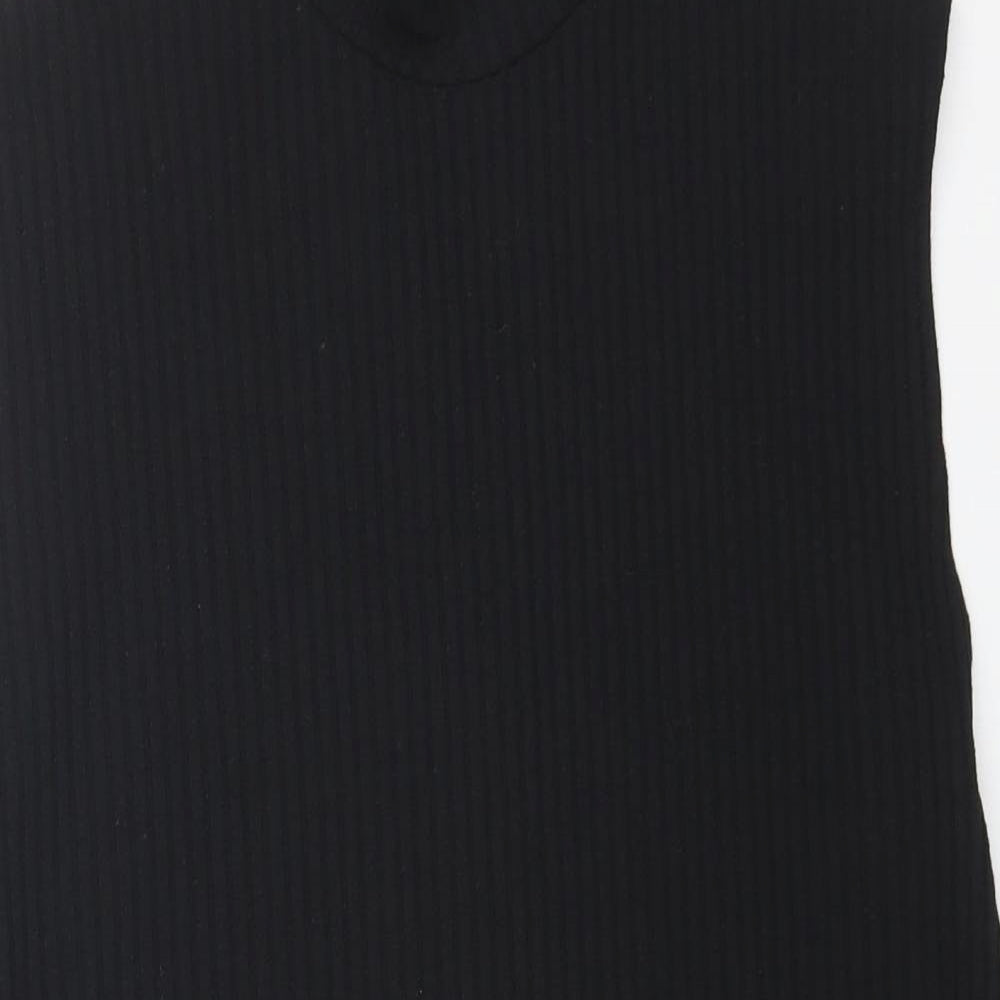 Zara Womens Black Cotton Basic T-Shirt Size L High Neck - Ribbed
