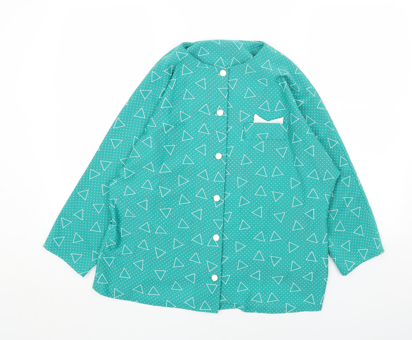 Preworn Womens Green Geometric Polyester Basic Button-Up Size 16 Round Neck