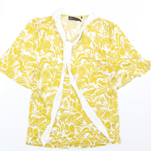 Marks and Spencer Womens Yellow Floral Viscose Basic T-Shirt Size 6 Round Neck