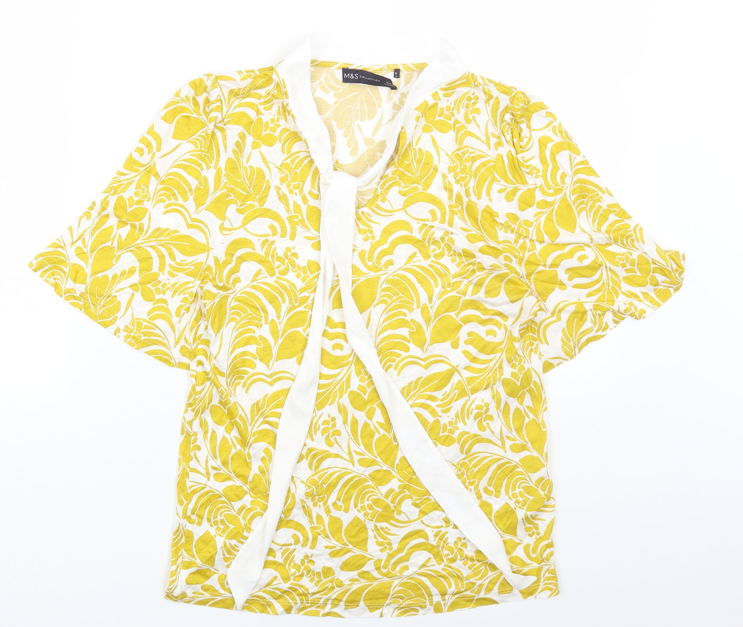 Marks and Spencer Womens Yellow Floral Viscose Basic T-Shirt Size 6 Round Neck