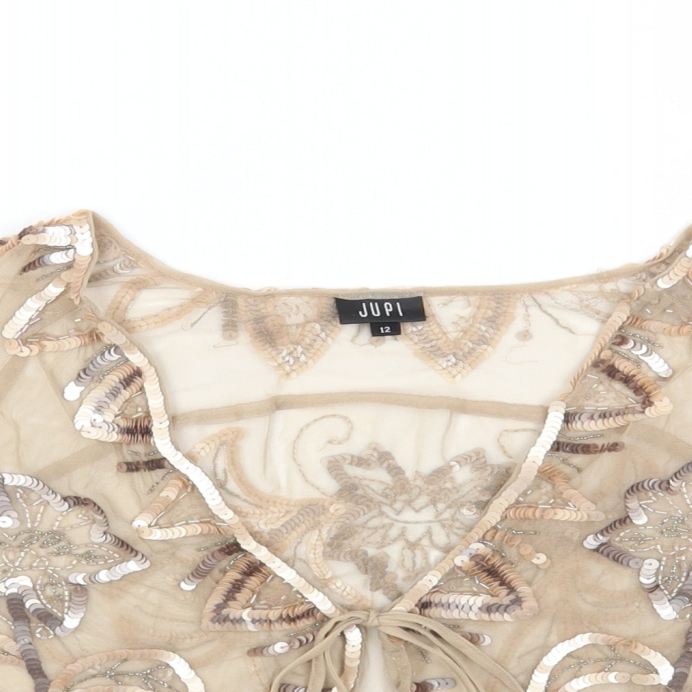 JUPI Womens Beige Polyester Basic Blouse Size 12 V-Neck