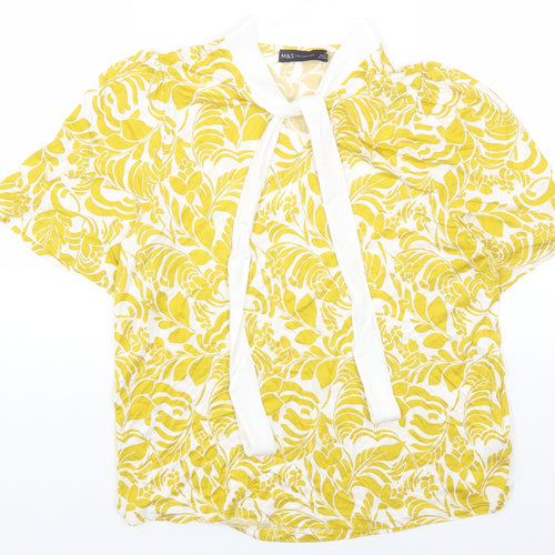 Marks and Spencer Womens Yellow Geometric Viscose Basic Blouse Size 14 Round Neck
