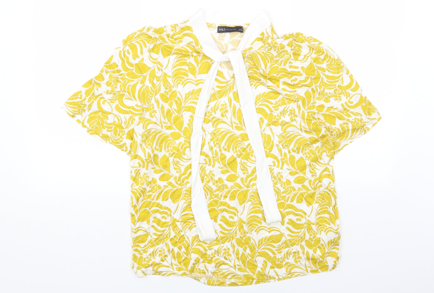Marks and Spencer Womens Yellow Geometric Viscose Basic Blouse Size 14 Round Neck