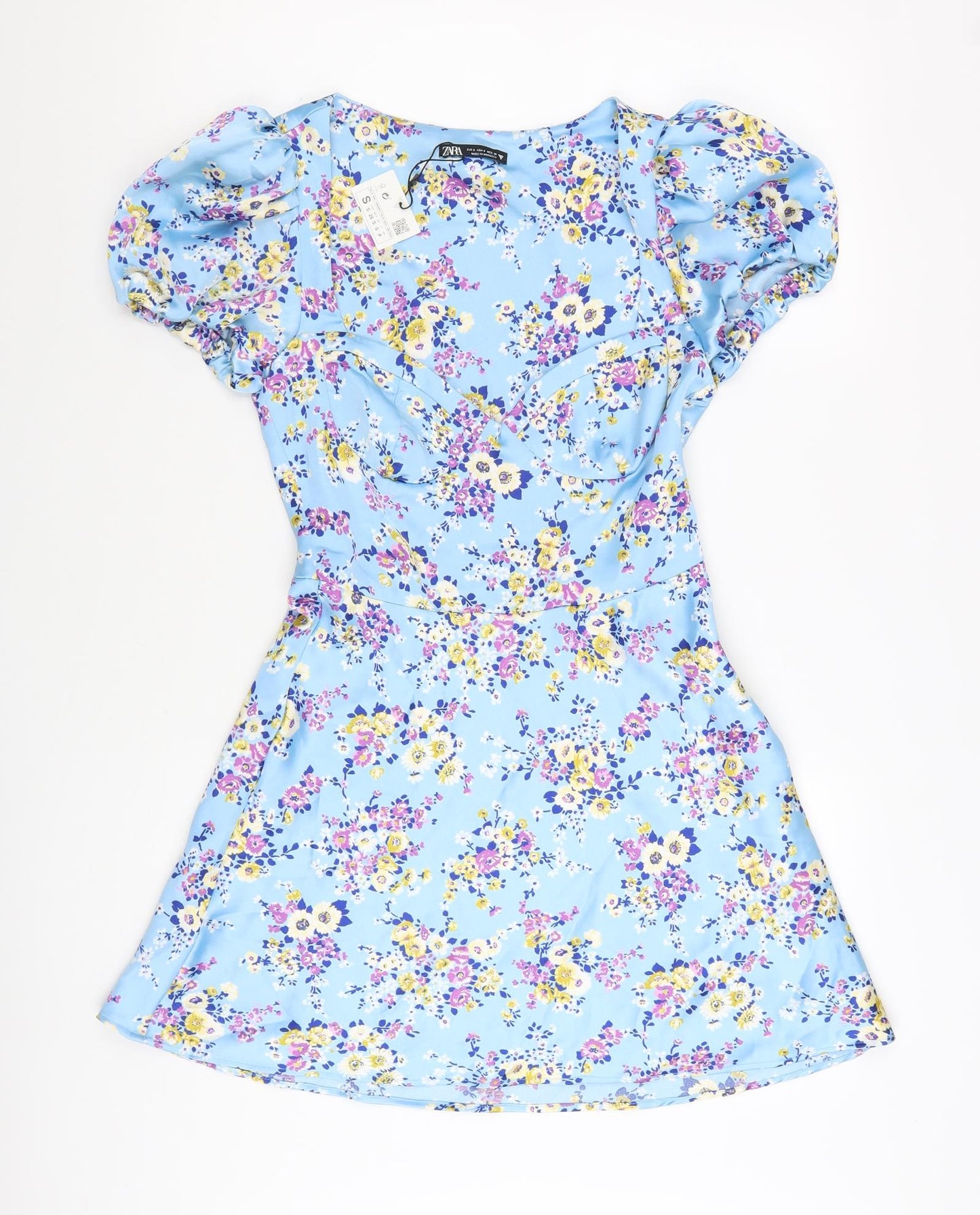 Zara Womens Blue Floral Polyester A-Line Size S Sweetheart Zip - Flowers