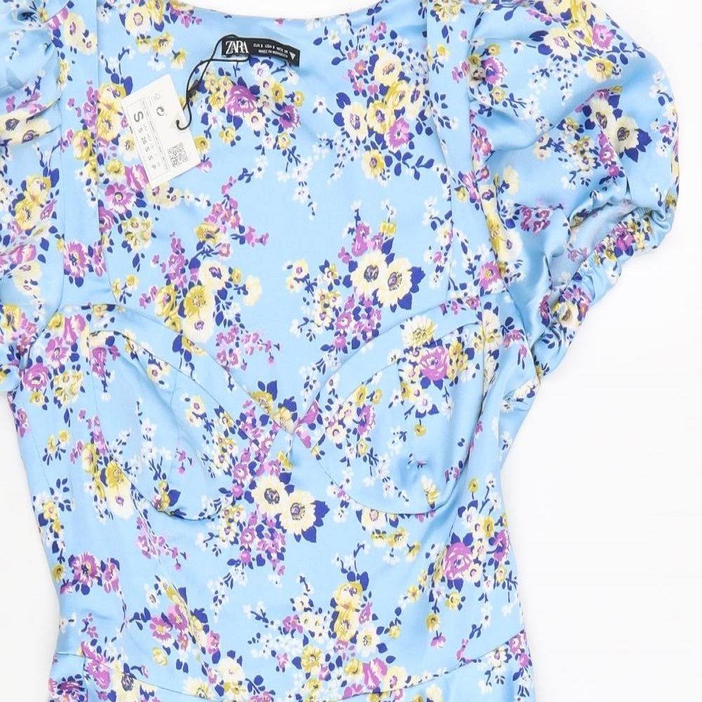 Zara Womens Blue Floral Polyester A-Line Size S Sweetheart Zip - Flowers