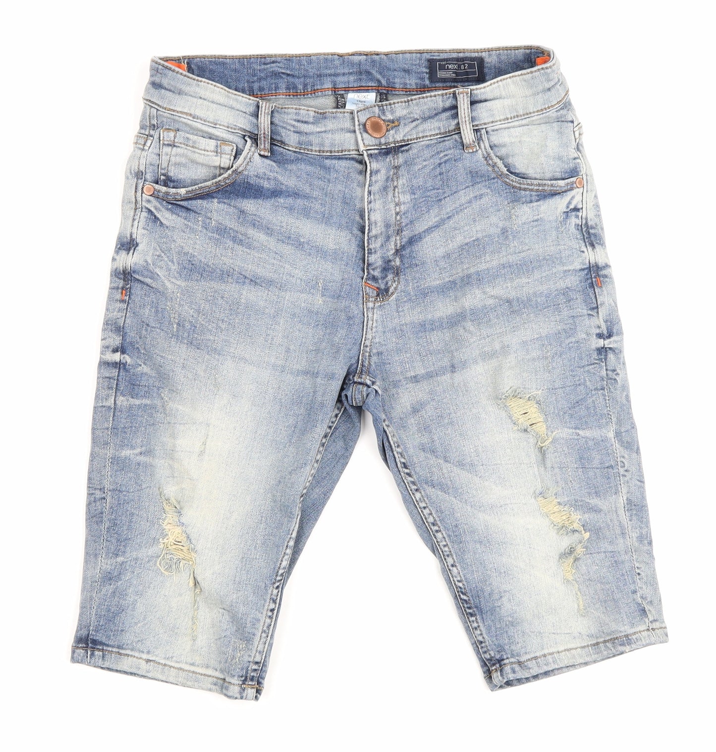NEXT Boys Blue Cotton Chino Shorts Size 15 Years Regular Zip - Distressed