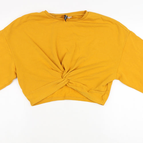 Divided Womens Yellow Cotton Cropped T-Shirt Size M Round Neck - Twist Detail